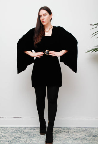 Vintage Black Cotton Velvet Kimono – Gothic Luxurious Statement