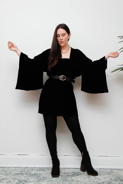 Vintage Black Cotton Velvet Kimono – Gothic Luxurious Statement