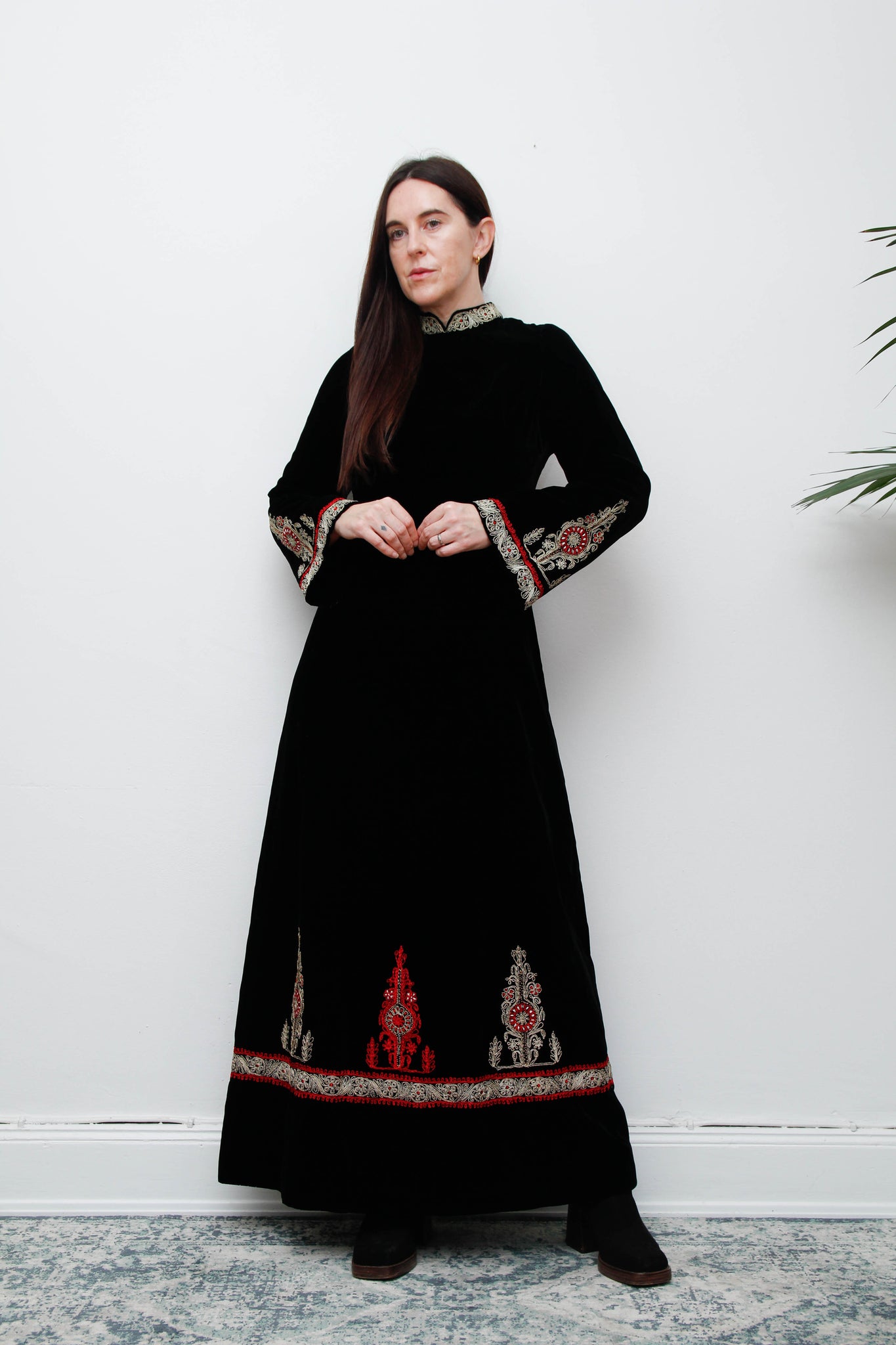Rare Vintage Black Velvet Gown – Gold Embroidered Folklore 70s