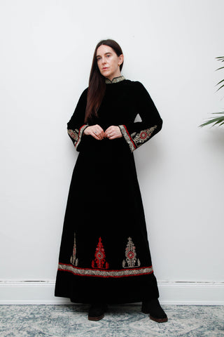 Rare Vintage Black Velvet Gown – Gold Embroidered Folklore 70s