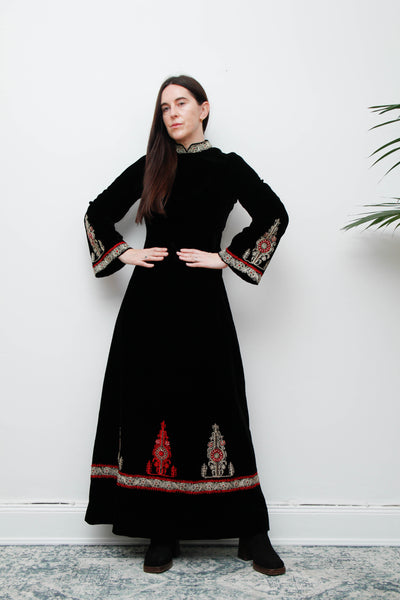 Rare Vintage Black Velvet Gown – Gold Embroidered Folklore 70s