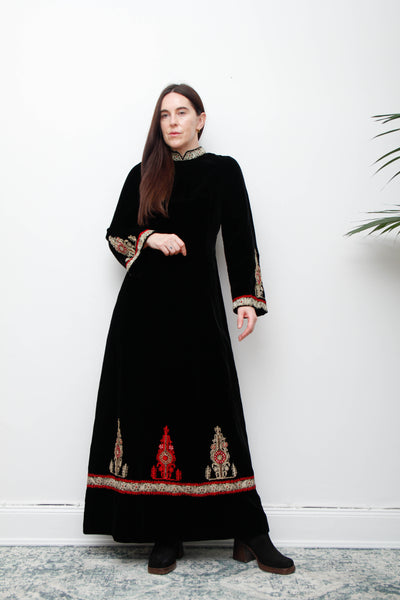 Rare Vintage Black Velvet Gown – Gold Embroidered Folklore 70s