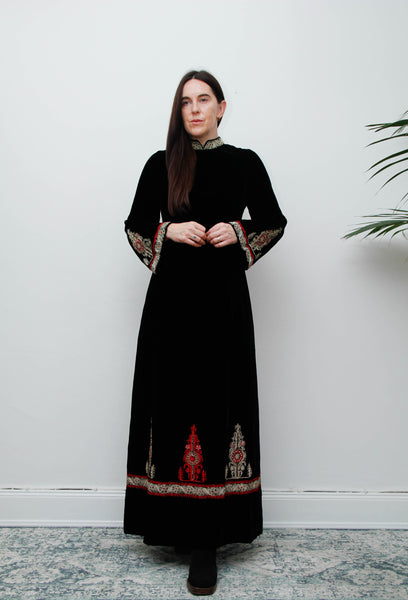 Rare Vintage Black Velvet Gown – Gold Embroidered Folklore 70s