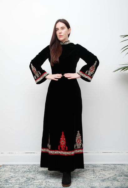 Rare Vintage Black Velvet Gown – Gold Embroidered Folklore 70s