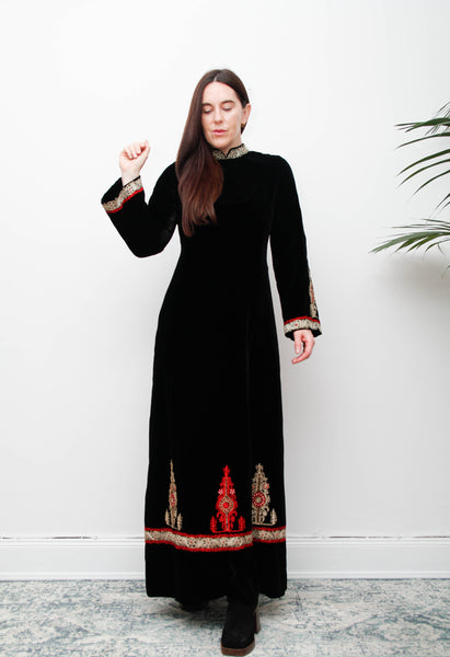 Rare Vintage Black Velvet Gown – Gold Embroidered Folklore 70s