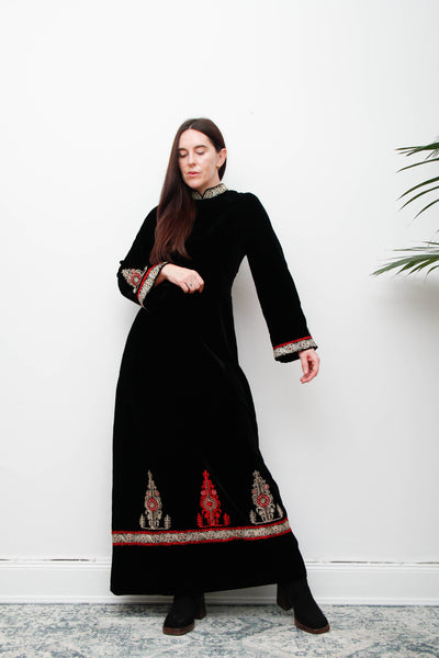 Rare Vintage Black Velvet Gown – Gold Embroidered Folklore 70s