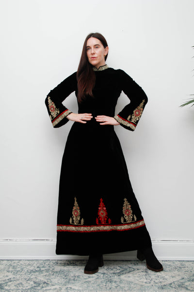Rare Vintage Black Velvet Gown – Gold Embroidered Folklore 70s