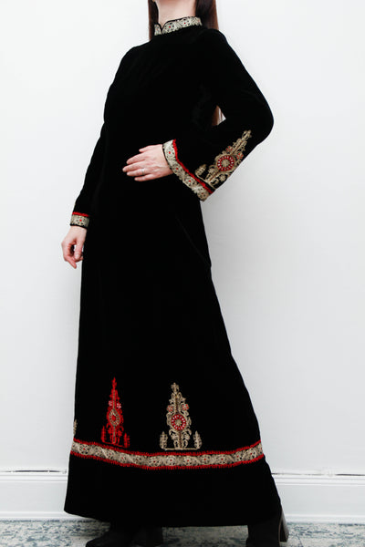 Rare Vintage Black Velvet Gown – Gold Embroidered Folklore 70s