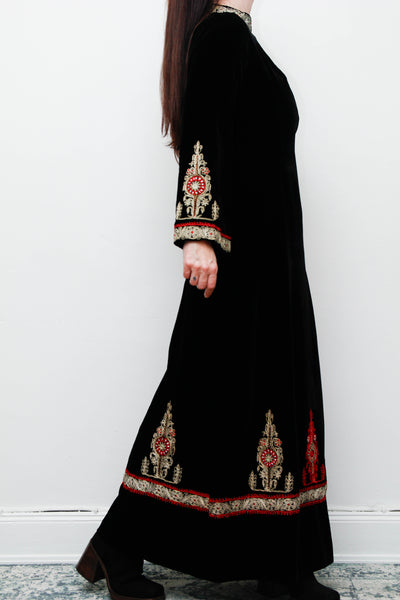 Rare Vintage Black Velvet Gown – Gold Embroidered Folklore 70s