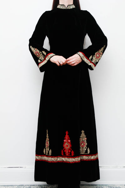 Rare Vintage Black Velvet Gown – Gold Embroidered Folklore 70s