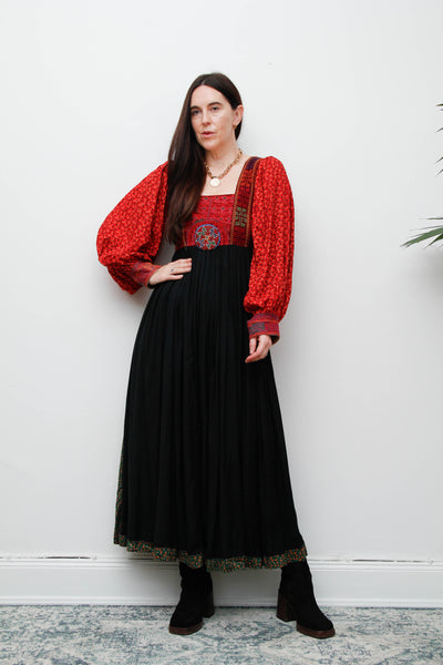 Vintage Afghan Bohemian Maxi Dress – Hand-Embroidered Gothic Rayon