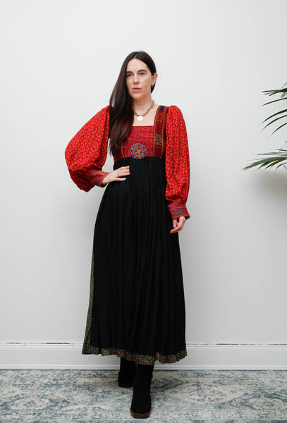 Vintage Afghan Bohemian Maxi Dress – Hand-Embroidered Gothic Rayon
