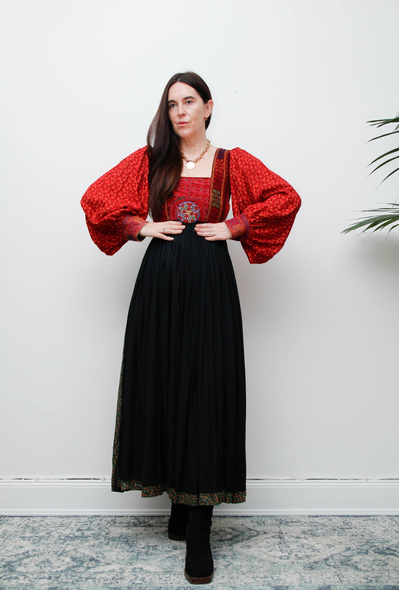 Vintage Afghan Bohemian Maxi Dress – Hand-Embroidered Gothic Rayon