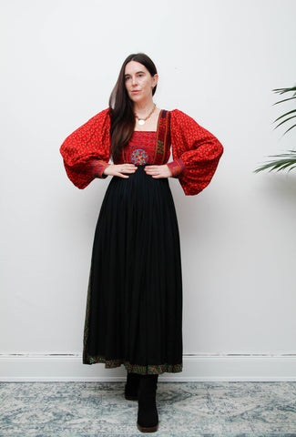 Vintage Afghan Bohemian Maxi Dress – Hand-Embroidered Gothic Rayon