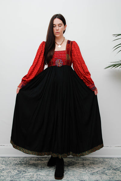 Vintage Afghan Bohemian Maxi Dress – Hand-Embroidered Gothic Rayon