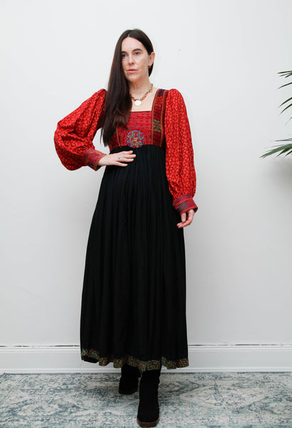 Vintage Afghan Bohemian Maxi Dress – Hand-Embroidered Gothic Rayon