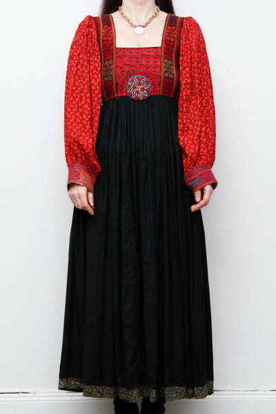 Vintage Afghan Bohemian Maxi Dress – Hand-Embroidered Gothic Rayon