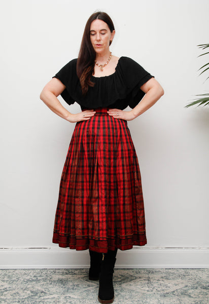 Vintage Red & Black Tartan Silk Skirt – Gothic Full Swing Midi