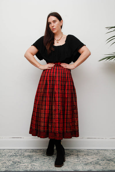 Vintage Red & Black Tartan Silk Skirt – Gothic Full Swing Midi