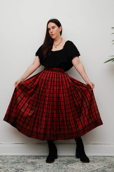 Vintage Red & Black Tartan Silk Skirt – Gothic Full Swing Midi