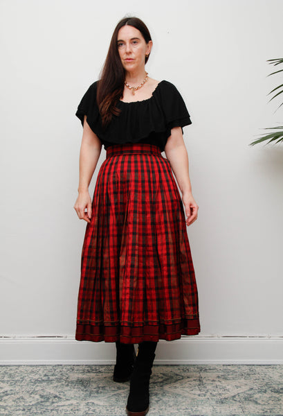 Vintage Red & Black Tartan Silk Skirt – Gothic Full Swing Midi
