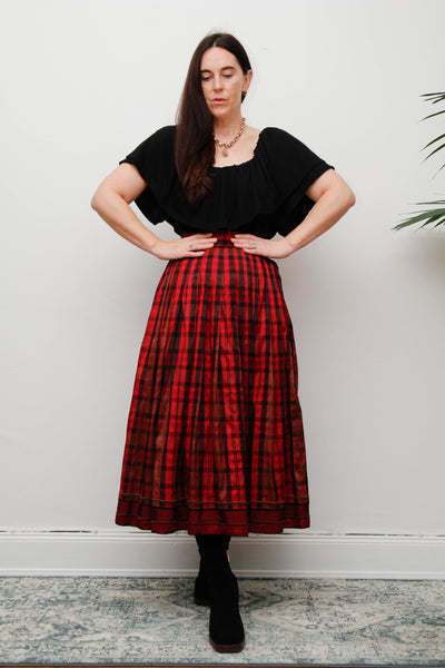 Vintage Red & Black Tartan Silk Skirt – Gothic Full Swing Midi
