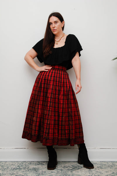 Vintage Red & Black Tartan Silk Skirt – Gothic Full Swing Midi