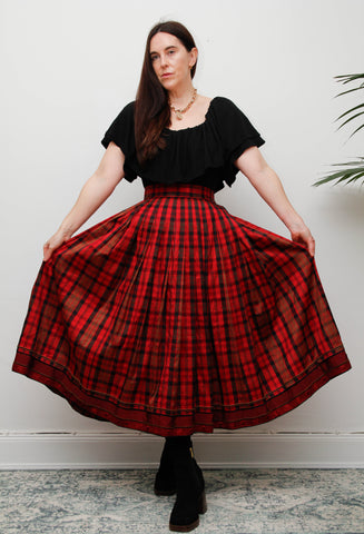 Vintage Red & Black Tartan Silk Skirt – Gothic Full Swing Midi