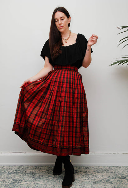 Vintage Red & Black Tartan Silk Skirt – Gothic Full Swing Midi