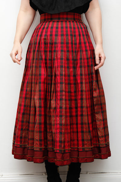 Vintage Red & Black Tartan Silk Skirt – Gothic Full Swing Midi