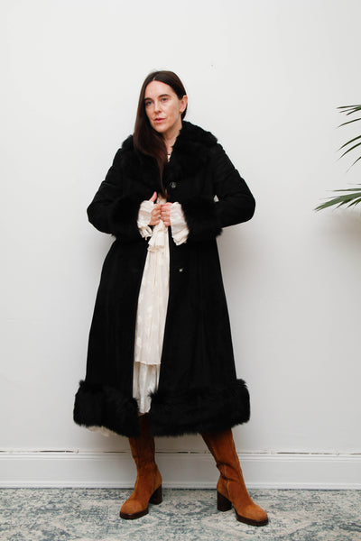 Vintage Sheepskin Suede Coat – Black Suede with Black Fur Trim