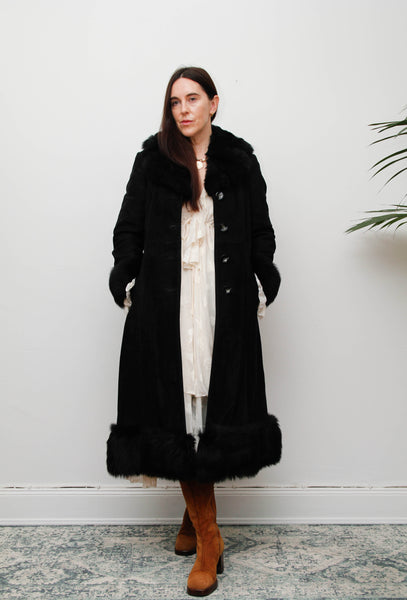 Vintage Sheepskin Suede Coat – Black Suede with Black Fur Trim