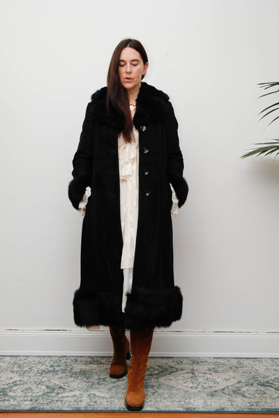 Vintage Sheepskin Suede Coat – Black Suede with Black Fur Trim