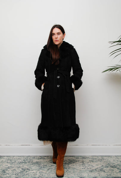 Vintage Sheepskin Suede Coat – Black Suede with Black Fur Trim