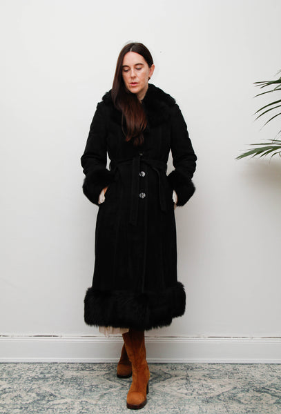 Vintage Sheepskin Suede Coat – Black Suede with Black Fur Trim