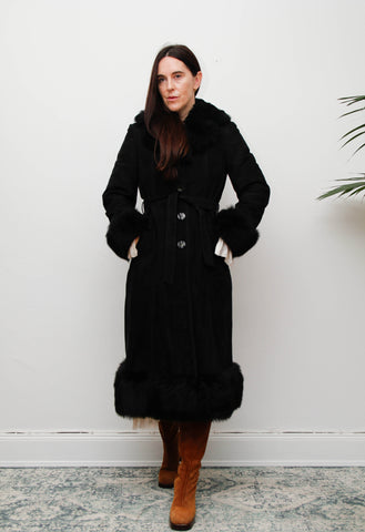 Vintage Sheepskin Suede Coat – Black Suede with Black Fur Trim
