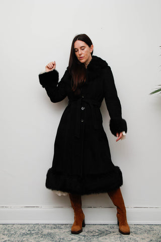 Vintage Sheepskin Suede Coat – Black Suede with Black Fur Trim