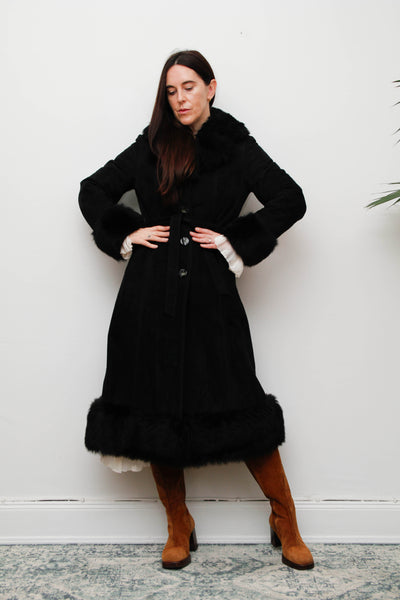 Vintage Sheepskin Suede Coat – Black Suede with Black Fur Trim