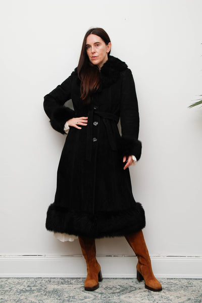Vintage Sheepskin Suede Coat – Black Suede with Black Fur Trim