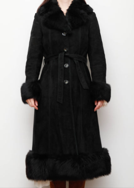 Vintage Sheepskin Suede Coat – Black Suede with Black Fur Trim