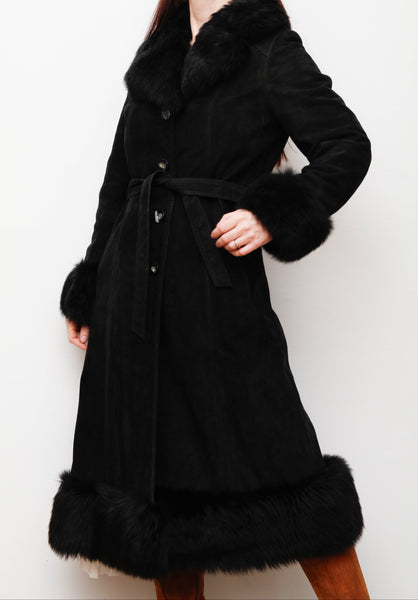 Vintage Sheepskin Suede Coat – Black Suede with Black Fur Trim