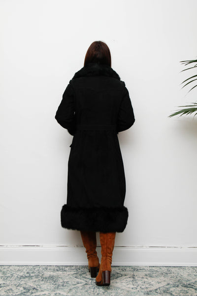 Vintage Sheepskin Suede Coat – Black Suede with Black Fur Trim