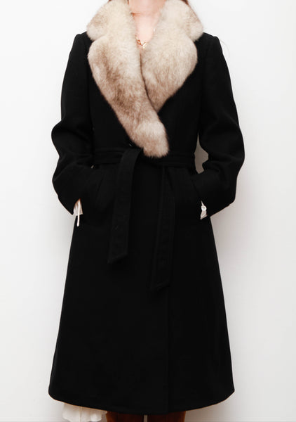 Vintage Black Wool Coat with Real Fox Fur – Luxurious Statement Piece