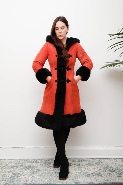 Vintage Sheepskin Suede Coat – Red Suede with Black Fur Trim