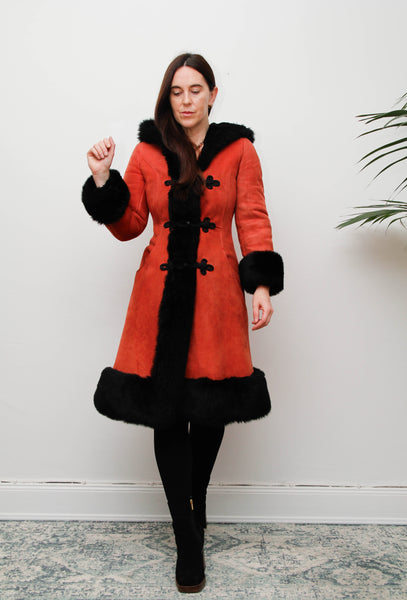 Vintage Sheepskin Suede Coat – Red Suede with Black Fur Trim