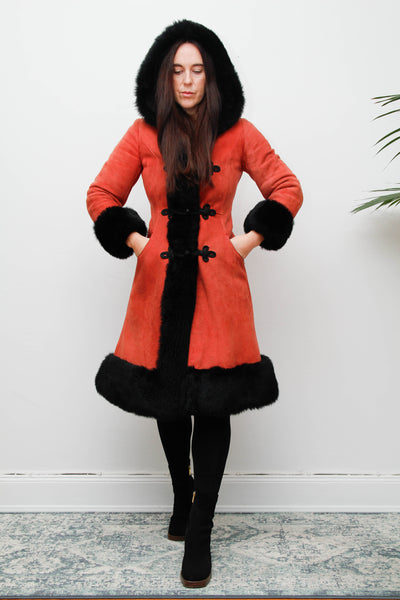 Vintage Sheepskin Suede Coat – Red Suede with Black Fur Trim