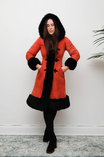 Vintage Sheepskin Suede Coat – Red Suede with Black Fur Trim