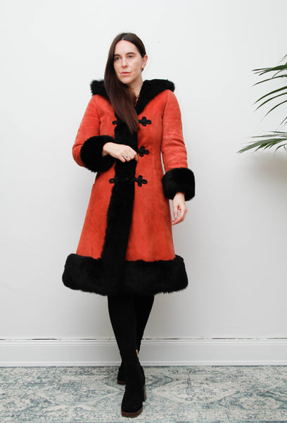 Vintage Sheepskin Suede Coat – Red Suede with Black Fur Trim