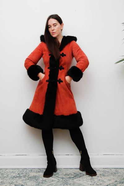 Vintage Sheepskin Suede Coat – Red Suede with Black Fur Trim