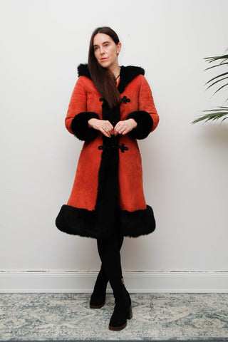 Vintage Sheepskin Suede Coat – Red Suede with Black Fur Trim